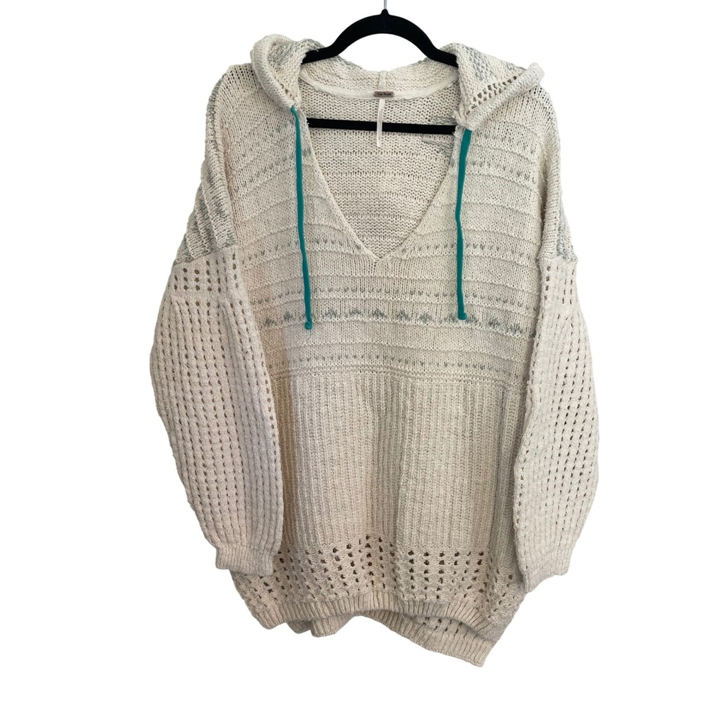 Free People Ivory Oversized Knit Hoodie Sweater V-Neck Teal Drawstring Large